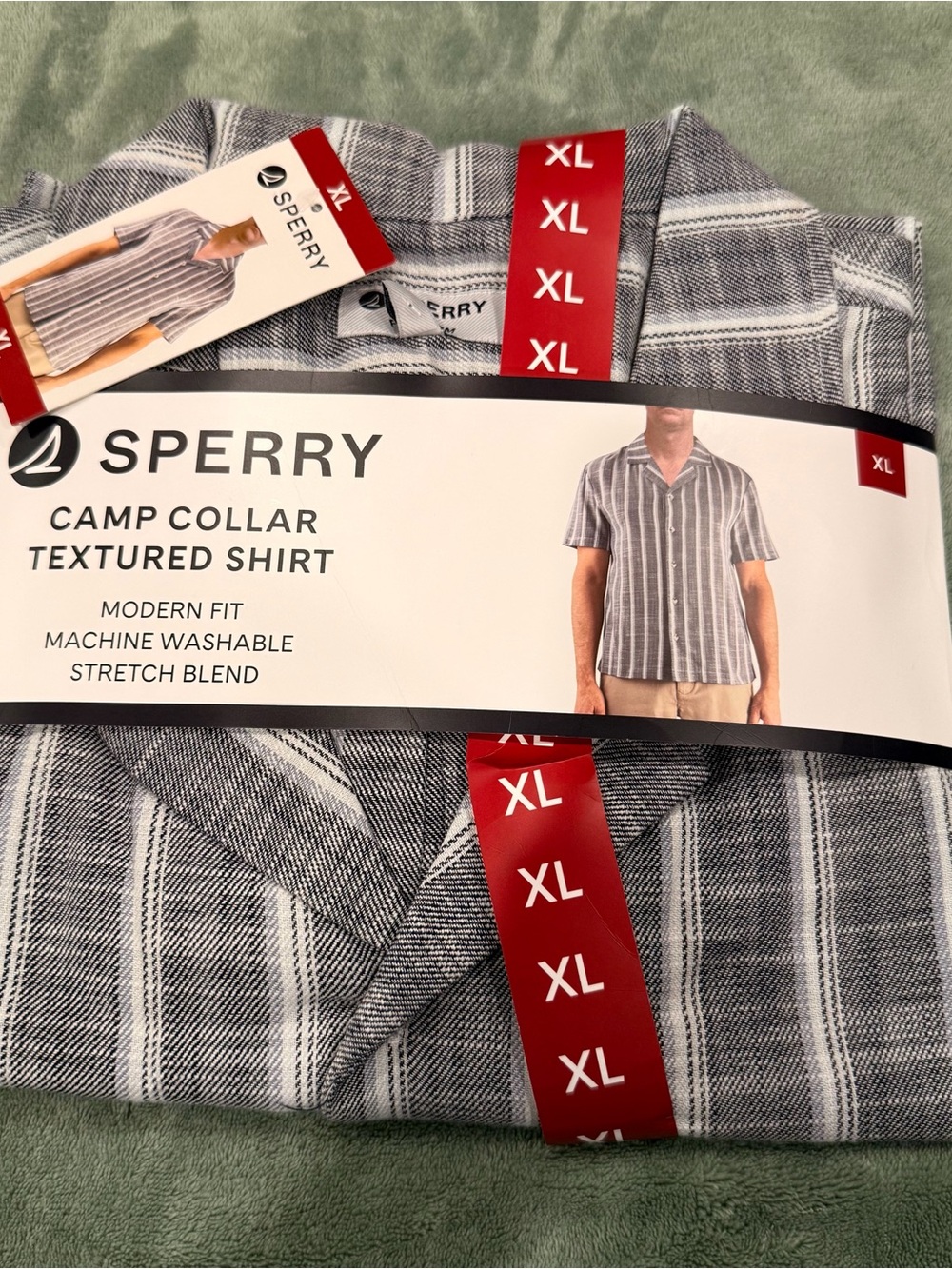 Sperry Men’s Camp Collar Textured Shirt - Gray & White Stripe XL